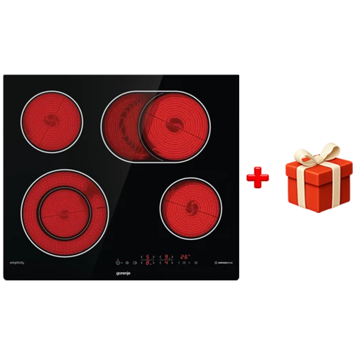 Gorenje Built in Electric Ceramic Hob 60 cm ECT643SYB - Simplicity Collection - FishZone Oval Surface - StayWarm Function - 4 HiLight Zones - Black + Free Gift: Gorenje CWWA01HC Cookware