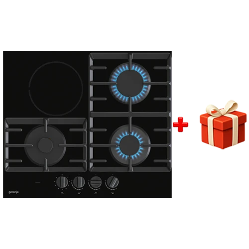 Gorenje Built in Combined Hob 60 cm GCE681BSC - Ergonomic Knobs - Cast Iron Grid - 3 Gas Burners & 1 HiLight Zone - Black + Free Gift: Gorenje CWWA01HC Cookware