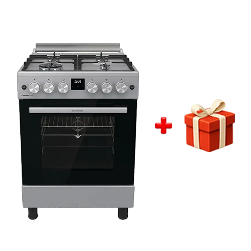 Gorenje Free-Standing Gas Cooker GGI6C20S - 60 cm - Wok Burner - BigSpace Oven - EcoClean Enamel - Cast-Iron Grids - Stainless Steel + Free Gift: Gorenje CWWA01HC Cookware