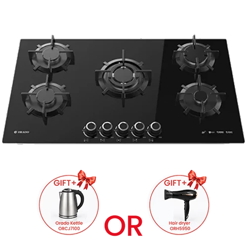 Orado Built-in Gas Hob 90 cm OR-Grand 945 GBH - Tempered Black Glass - Italian SABAF Burners - Flame Failure Safety - 5 Burners - Black + Free Gift: Orado Kettle ORK3100 or Hair dryer ORH5951