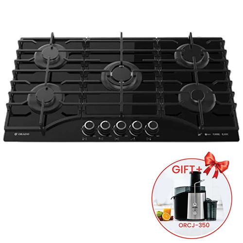 Orado Built in Gas Hob 90 cm OR-VERSA 945 GBH - Tempered Black Glass - Cast Iron Pan Support - 5 Sabaf Burners - Black + Free Gift: Orado Juicer ORCJ350