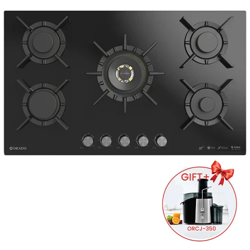 Orado Built-in Gas Hob 90 cm OR-ASTRA 950 GBH - Tempered Black Glass - 5 Italian SABAF Brass Burners - Flame Failure Safety - Cast Iron Pan Supports - Black + Free Gift: Orado Juicer ORCJ350