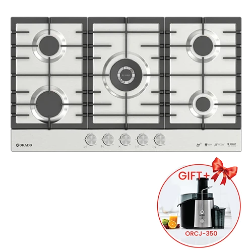 Orado Built in Gas Hob 90 cm OR-ROYAL 930 SSH - Tempered Black Glass - Cast Iron Pan Support - 5 Italian SABAF Brass Burners - Flame Failure Safety - Steel + Free Gift: Orado Juicer ORCJ350