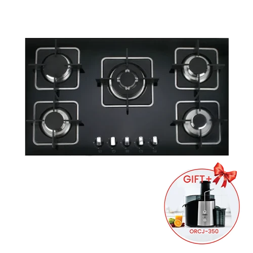 Orado Built-in Gas Hob 90 cm OR-ARGO 915 GBH - 5 Italian SABAF Burners - Tempered Black Glass - Flame Failure Safety Device - Cast Iron Pan Supports - Black + Free Gift: Orado Juicer ORCJ350