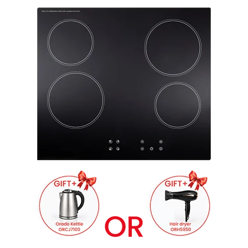 Orado Electric Built-in Hob 60 cm OR-CH604T - Black Ceramic Glass Surface - 4 Hi-Light Heater Zones - Touch Control - Safety Lock - Black + Free Gift: Orado Kettle ORK3100 or Hair dryer ORH5951