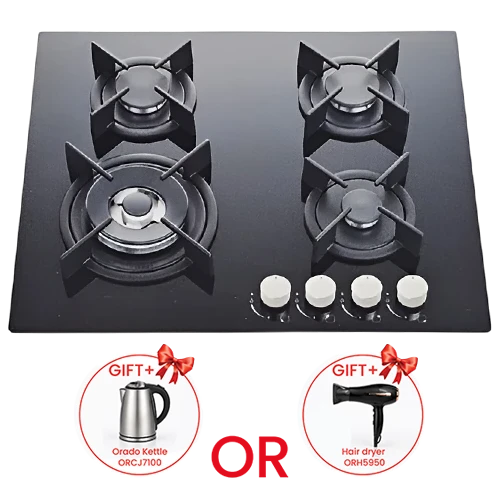 Orado Built-In Gas Hob 60 cm OR-MEGA 625 GBH-31T - Tempered Glass Surface - Cast Iron Pan Supports - DEFEND Safety System - Italian Burners - Black + Free Gift: Orado Kettle ORK3100 or Hair dryer ORH5951