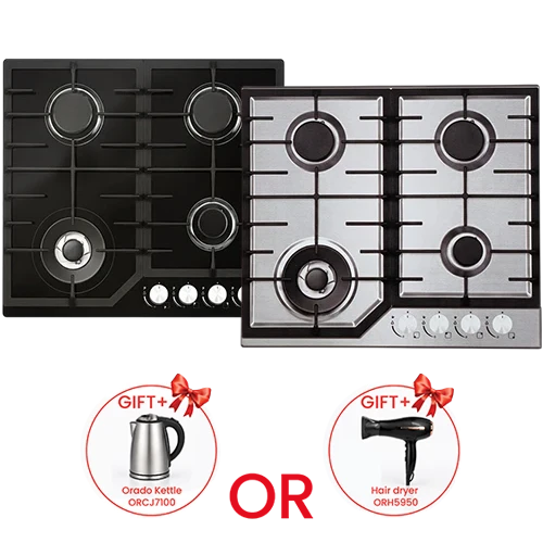Orado Built in Gas Hob 60 cm OR-ROYAL 625 -31T - Stainless Steel Surface - Italian DEFENDI Burners - Flame Failure Safety - 4 Burners + Free Gift: Orado Kettle ORK3100 or Hair dryer ORH5951