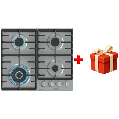Gorenje Built-in Gas Hob 60 cm GW642X - BigSurface Design - Cast Iron ProGrids - Powerful 3.5 kW Wok Burner - 4 Burners - Inox + Free Gift: Gorenje Hand Blender - HBC564QW