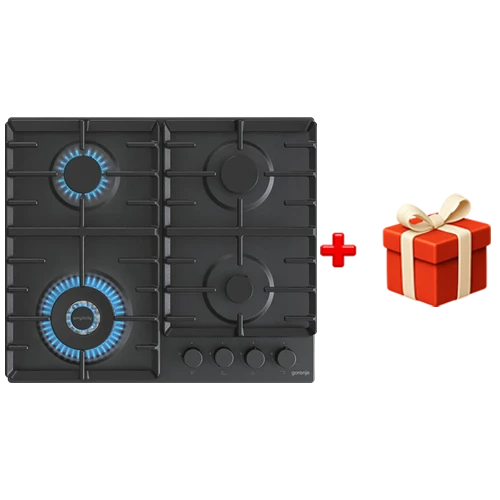 Gorenje Built in Gas Hob 60 cm GW642SYB - BigSurface Design - Cast Iron ProGrids - Powerful Wok Burner - 4 Burners - Black + Free Gift: Gorenje Hand Blender - HBC564QW