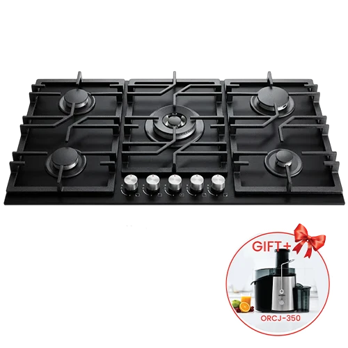 Orado Built in Gas Hob OR-VERA 925GBH-31T - 90 cm - 5 Italian DEFENDI Burners - Tempered Black Glass - Cast Iron Pan Support - Automatic Under-Knob Ignition - Black Glass + Free Gift: Orado Juicer ORCJ350