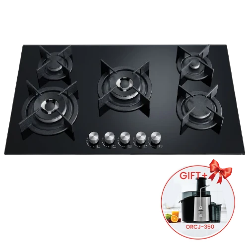 Orado Built in Gas Hob OR-MEGA 925 GBH (2W)-31T - 90 cm - 5 Italian DEFENDI Burners - Tempered Black Glass - Flame Failure Safety Device - Automatic Under-Knob Ignition - Black + Free Gift: Orado Juicer ORCJ350