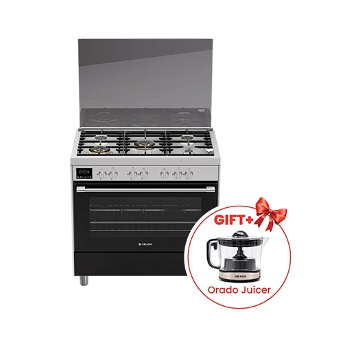 Orado Semi-Professional Gas Cooker OR-SPC999B2W-91G - Size 90 cm - 5 Defendi Brass Burners - Double Convection Fan - Triple Glass Oven Door - Black / Stainless Steel + Free Gift : Orado Juicer ORCJ7100