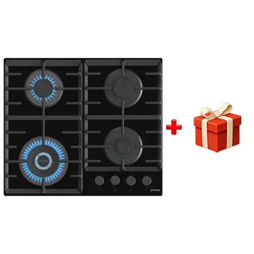 Gorenje Built in Gas Hob GTW642SYB - 60 cm Size - BigSurface Layout - Powerful Wok Burner - Cast Iron ProGrids - Tempered Glass Surface - One Hand Ignition - Black + Free Gift: Gorenje CWWA01HC Cookware