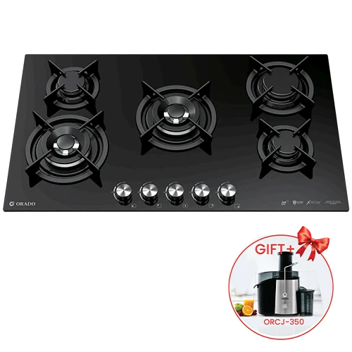 Orado Built in Hob Gas OR-MEGA 915 GBH (2W) - 5 Italian SABAF Burners - Flame Failure Safety Device - Cast Iron Pan Supports - Automatic Under Knob Ignition - Black + Free Gift: Orado Juicer ORCJ350