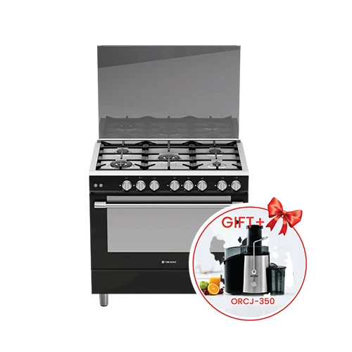 Orado Cooker OR-SC988B2W-91G - 90 cm Gas Cooker - 5 DEFENDI Burners with 2 Wok Burners - Auto Ignition - Double Convection Fan - Bottom Drawer - Black + Free Gift : Orado Juicer ORCJ350