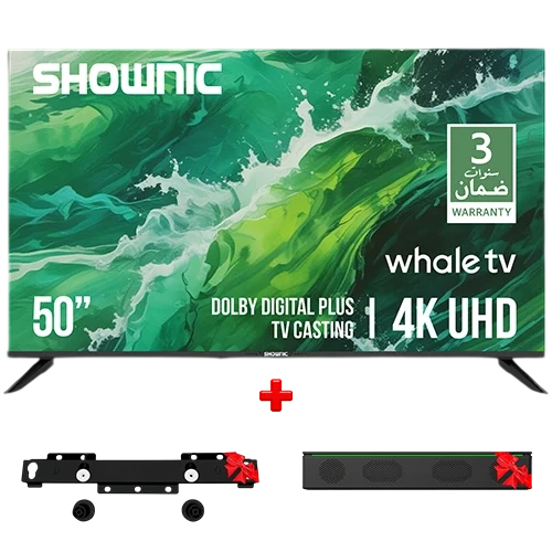 Shownic Smart Television TS-50AUHWD - 50 Inch 4K UHD Display - Whale TV 3 OS - Dolby Digital Plus - Multi Screen - Comprehensive Connectivity - Black + Free Gift: Stand + Speaker