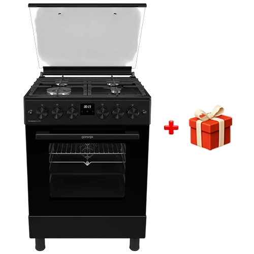 Gorenje Standing Free Cooker GGI6C20BF 60 cm - 82 Liters Oven Capacity - One-Hand Ignition - Dedicated Pizza Function - EcoClean Enamel Interior- Black+ Free Gift: Gorenje Kitchen Juicer JC400BE