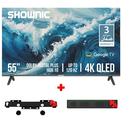 Shownic Smart Television TS-55AUHGQ - 55 Inch Size - 4K UHD Resolution - 120Hz DLG Refresh Rate - QLED & HDR10 Technology - Google TV OS - Dolby Digital Plus - Black + Free Gift: Stand + Speaker