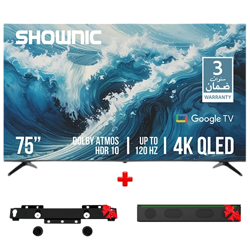 Shownic Smart Television TS-75AUHGQ - 75 Inch Size - 4K QLED Display - 120Hz DLG Refresh Rate - Advanced Image Technologies - Immersive Audio - Gaming Optimized - Black + Free Gift: Stand + Speaker