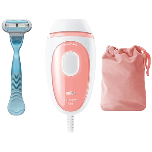 جهاز إزالة شعر براون سيلك اكسبيرت ميني IPL موديل PL1014 - تقليل نمو الشعر بشكل دائم مع مستشعر سينسو أدابت وحقيبة خزن - لون أبيض/وردي ذهبي