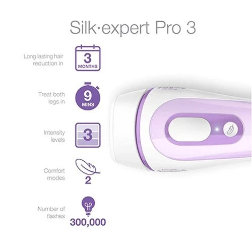 جهاز براون سيلك إكسبيرت برو 3 (PL3011) لإزالة الشعر مع ملحقين إضافيين شفرة فينوس وحقيبة فاخرة  - أبيض/ليلكي - thumbnail 8