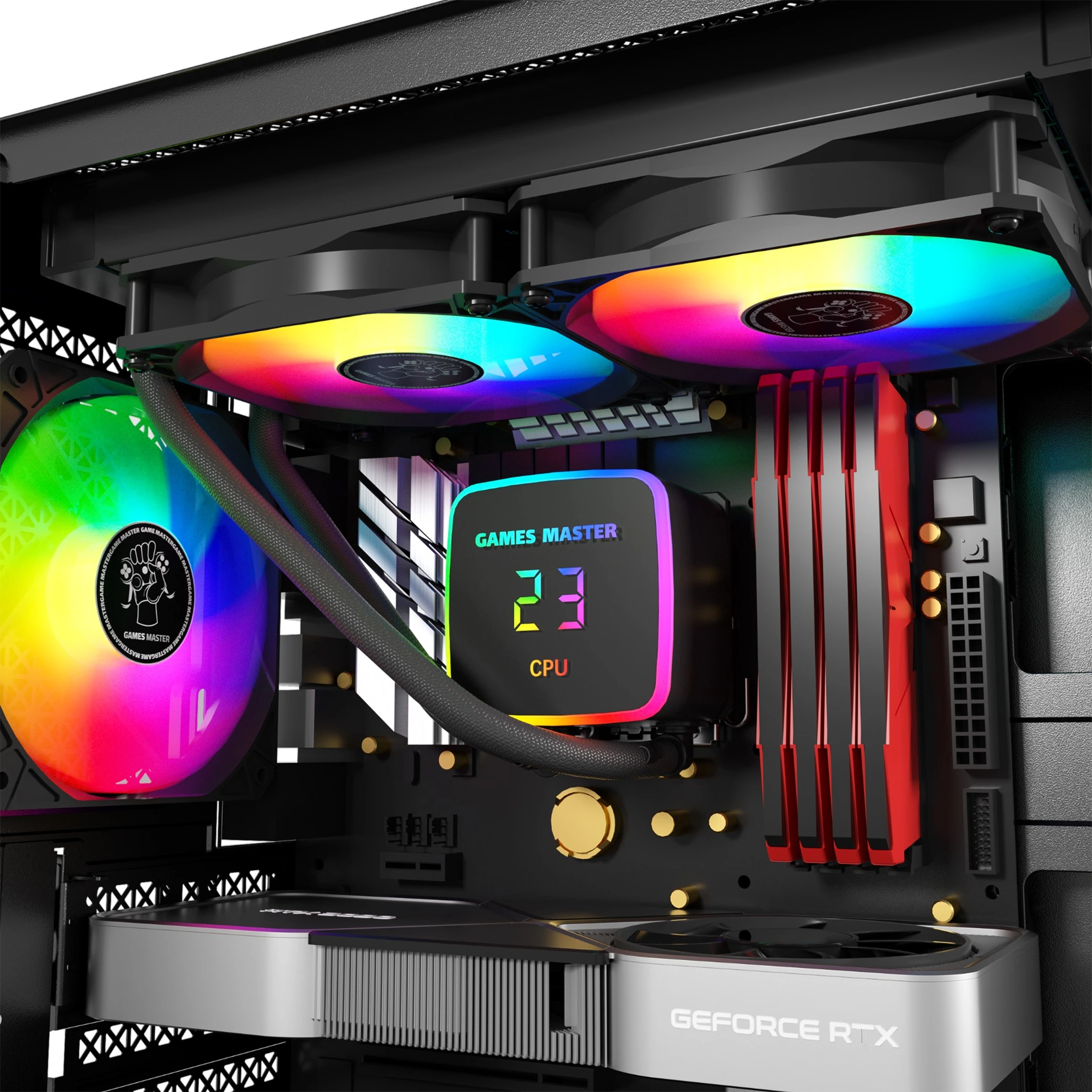 مبرد سائل لوحدة المعالجة المركزية من غيمز ماستر LZ240 AIO - راديتر 240 ملم - إضاءة RGB - مراوح مزدوجة - يدعم مقابس إنتل و AMD - أسود (157260) - image 3 مبرد سائل لوحدة المعالجة المركزية من غيمز ماستر LZ240 AIO - راديتر 240 ملم - إضاءة RGB - مراوح مزدوجة - يدعم مقابس إنتل و AMD - أسود (157260) - image 3