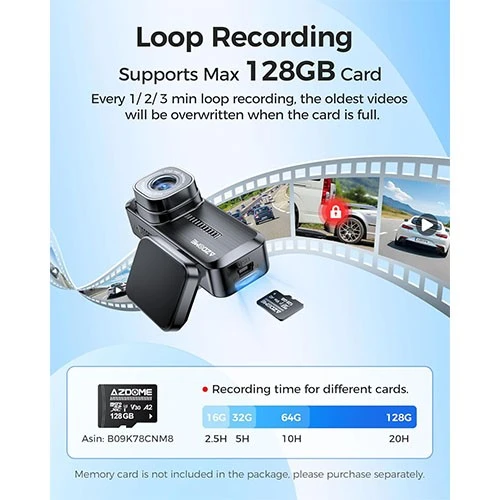 Azdome M200 1080P 1-Channel Dashcam - 150° Wide Angle - Built-in Wi-Fi - Black (6973888261457) - image 7