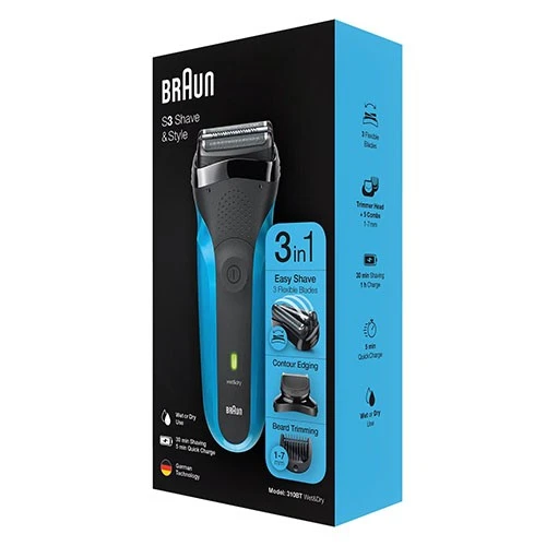 Braun 3-in-1 Shaver Series 3 310BT - Shaves, Trims, and Edges with 5 Combs and Wet and Dry Technology Pressure-Sensitive 3-Flex Head - Black/Blue (4210201276425) - image 8
