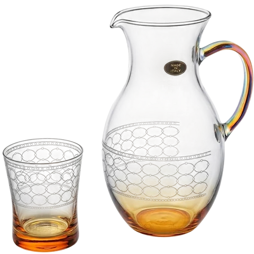 Art Décor Glass Model A4104 - Set of 7 Pieces Donizetti Water - Glasses - Hight 10 and Dimeter 8.3 with Sirio Jug Hight 24 and Dimeter 12 - Capacity 1,5 L - Design Athene Bianco Ambra - Transparent (171171126) - image 1 Art Décor Glass Model A4104 - Set of 7 Pieces Donizetti Water - Glasses - Hight 10 and Dimeter 8.3 with Sirio Jug Hight 24 and Dimeter 12 - Capacity 1,5 L - Design Athene Bianco Ambra - Transparent (171171126) - image 1