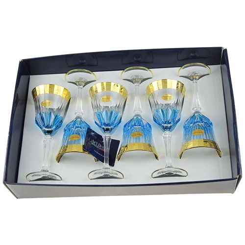 Art Décor Glasses Model A4581 Set of 6 Pieces - Acqua Adagio Design 02 ​​Gold + Blue Lances Transparent Stem - Blue (17117144) - image 1