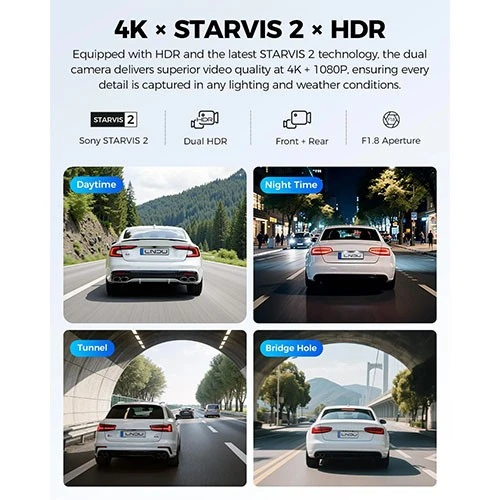 داش كام لينغدو 4K ثنائية القنوات للسيارة V820 - تحكم صوتي - GPS مدمج - مستشعران STARVIS - مراقبة أثناء ركن السيارة - مع بطاقة ذاكرة TF سعة 64 غيغابايت - أسود (6973888262829) - image 6