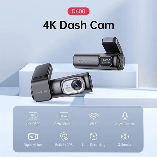 كاميرا لينغدو D600 ثنائية القناة بدقة 4K - تحكم صوتي - GPS مدمج - مراقبة ركن السيارة على مدار 24 ساعة - مكثف فائق - مع بطاقة ذاكرة TF سعة 64 غيغابايت - أسود (6973888261969) - image 2
