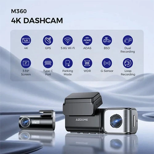 داش كام أزردوم 4K ثنائية القنوات M360 للسيارة - تحكم صوتي - نظام GPS مدمج - شاشة عريضة 3.6 بوصة - نظام مساعدة السائق ADAS - مراقبة ركن السيارة على مدار 24 ساعة - مع بطاقة ذاكرة TF سعة 64 غيغابايت - أسود (6973888262737) - image 3