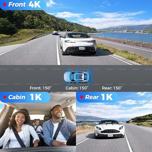داش كام أزدوم M500 - نظام تسجيل ثلاثي القنوات - دقة فائقة الوضوح 4K - عدسات بزاوية واسعة - شاشة مدمجة 3 إنج - رؤية ليلية - أسود (6973888262744) - image 4