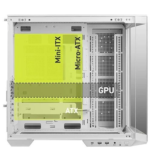 كيس كمبيوتر أم أس آي MAG بانو ATX 100L PZ متوسط ​​الحجم - رؤية بانورامية 270 درجة - يدعم حتى 10 مراوح - يدعم توصيل المذربورد من الخلف - تصميم ثنائي الحجرات - دعم ثلاثي للمبردات المائية بحجم 360 ملم - أبيض (824142355855) - image 9