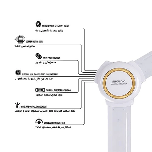 Shownic Ceiling Fan CFM-56KK40G - 56 Inch with 3 Blades - 5-Level Speed Regulator - 100% Copper Coil Motor - Thermal Fuse Protection - White (VEN000005-CFM-56KK40G) - image 2