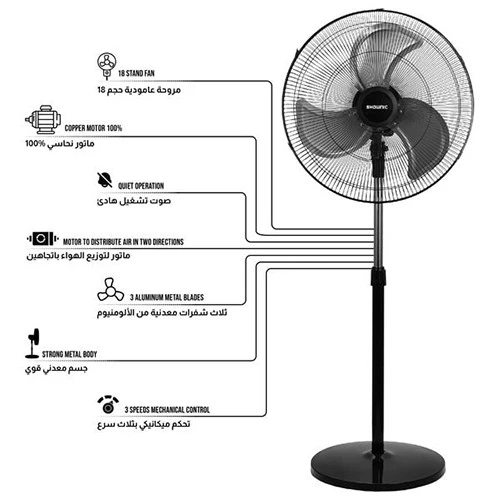 Shownic 18 Inch Stand Fan FE-S18CNW - 100% Copper Motor - Two Way Air Distribution - 3 Speed Mechanical Control - Black (VEN000005-FE-S18CNW) - image 3 Shownic 18 Inch Stand Fan FE-S18CNW - 100% Copper Motor - Two Way Air Distribution - 3 Speed Mechanical Control - Black (VEN000005-FE-S18CNW) - image 3