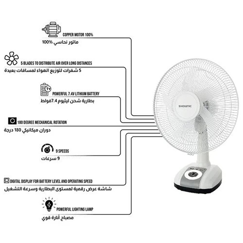 Shownic 16 inch Rechargeable Table Fan FE-D16CRW - 100% Copper Motor - Long-Lasting Battery - 9 Adjustable Speed Settings - 5 Blade Design & 180° Rotation - Solar and USB Charging - White (VEN000005-FE-D16CRW) - image 2 Shownic 16 inch Rechargeable Table Fan FE-D16CRW - 100% Copper Motor - Long-Lasting Battery - 9 Adjustable Speed Settings - 5 Blade Design & 180° Rotation - Solar and USB Charging - White (VEN000005-FE-D16CRW) - image 2