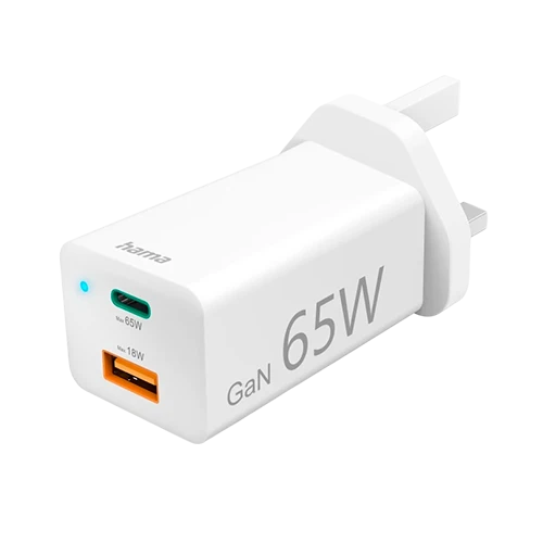 Hama Mini GaN Charger 73210293 - 65W - USB-C PD/QC - Safety Features - Portable Design - Global Compatibility - White (4047443498939) - image 1